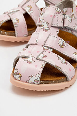 mnpc Unisex Çocuk Pudra Hakiki Deri Mantar Tabanlı Günlük Çocuk Sandalet