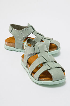 mnpc Unisex Çocuk Su Yeşili Hakiki Deri Mantar Tabanlı Günlük Çocuk Sandalet