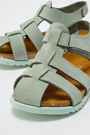 mnpc Unisex Çocuk Su Yeşili Hakiki Deri Mantar Tabanlı Günlük Çocuk Sandalet