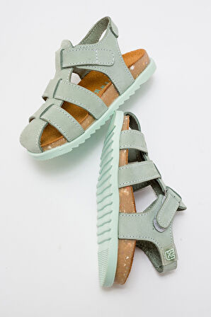 mnpc Unisex Çocuk Su Yeşili Hakiki Deri Mantar Tabanlı Günlük Çocuk Sandalet