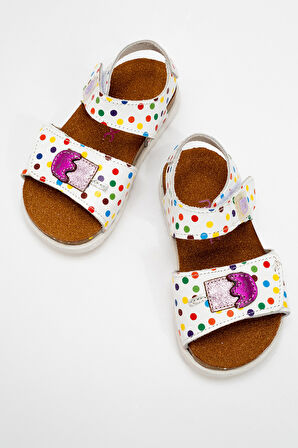 mnpc Kız Çocuk Beyaz Hakiki Deri Mantar Tabanlı Günlük Çocuk Sandalet