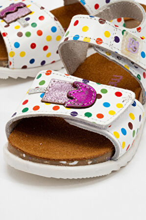 mnpc Kız Çocuk Beyaz Hakiki Deri Mantar Tabanlı Günlük Çocuk Sandalet