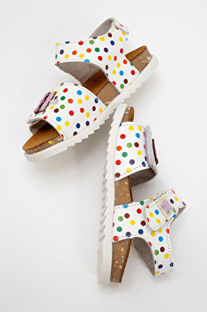 mnpc Kız Çocuk Beyaz Hakiki Deri Mantar Tabanlı Günlük Çocuk Sandalet