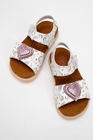 mnpc Kız Çocuk Beyaz Hakiki Deri Mantar Tabanlı Günlük Çocuk Sandalet