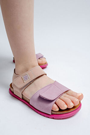 mnpc Unisex Çocuk Lila-Pembe Hakiki Deri Mantar Tabanlı Günlük Çocuk Sandalet
