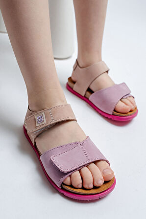 mnpc Unisex Çocuk Lila-Pembe Hakiki Deri Mantar Tabanlı Günlük Çocuk Sandalet