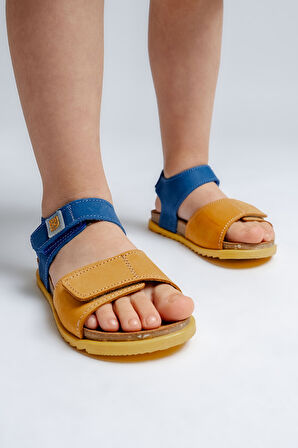 mnpc Unisex Çocuk Sarı-Saks Hakiki Deri Mantar Tabanlı Günlük Çocuk Sandalet