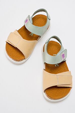 mnpc Unisex Çocuk Sarı-Su Yeşili Hakiki Deri Mantar Tabanlı Günlük Çocuk Sandalet