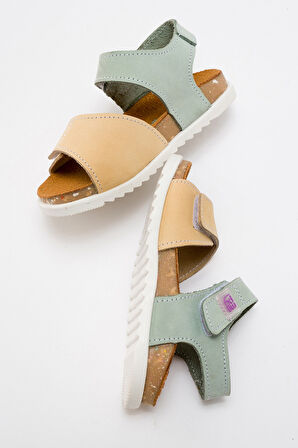 mnpc Unisex Çocuk Sarı-Su Yeşili Hakiki Deri Mantar Tabanlı Günlük Çocuk Sandalet