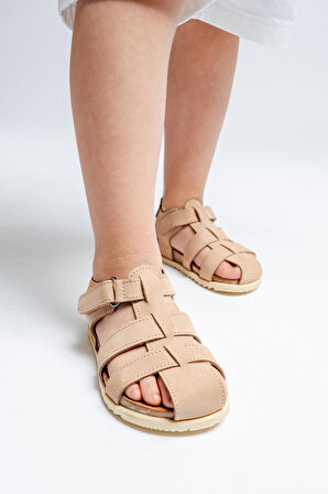 mnpc Unisex Çocuk Bej Hakiki Deri Mantar Tabanlı Günlük Çocuk Sandalet