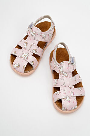 mnpc Unisex Çocuk Pudra Hakiki Deri Mantar Tabanlı Günlük Çocuk Sandalet