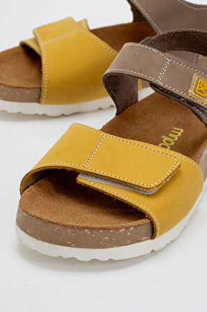 mnpc Unisex Çocuk Gri-Sarı Hakiki Deri Mantar Tabanlı Günlük  Çocuk Sandalet