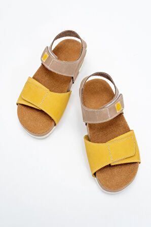 mnpc Unisex Çocuk Gri-Sarı Hakiki Deri Mantar Tabanlı Günlük  Çocuk Sandalet