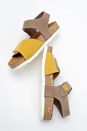 mnpc Unisex Çocuk Gri-Sarı Hakiki Deri Mantar Tabanlı Günlük  Çocuk Sandalet