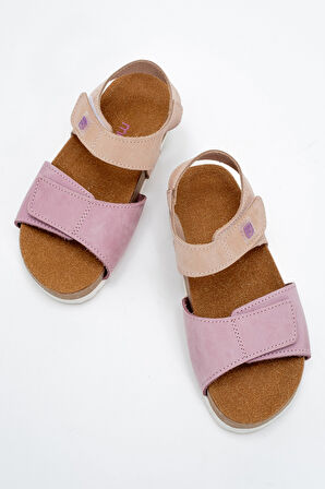 mnpc Unisex Çocuk Lila-Pembe Hakiki Deri Mantar Tabanlı Günlük  Çocuk Sandalet