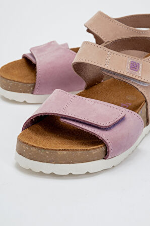 mnpc Unisex Çocuk Lila-Pembe Hakiki Deri Mantar Tabanlı Günlük  Çocuk Sandalet
