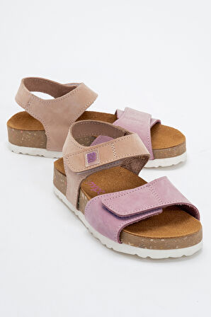 mnpc Unisex Çocuk Lila-Pembe Hakiki Deri Mantar Tabanlı Günlük  Çocuk Sandalet