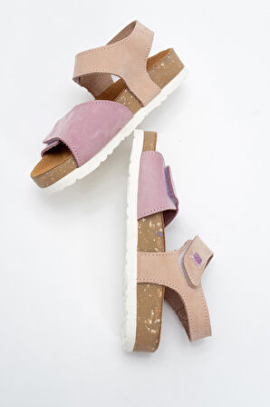 mnpc Unisex Çocuk Lila-Pembe Hakiki Deri Mantar Tabanlı Günlük  Çocuk Sandalet