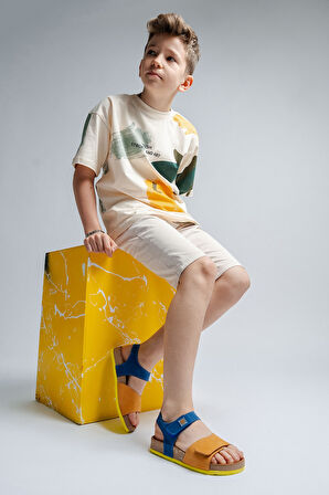 mnpc Unisex Çocuk Sarı-Saks Hakiki Deri Mantar Tabanlı Günlük  Çocuk Sandalet