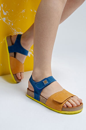 mnpc Unisex Çocuk Sarı-Saks Hakiki Deri Mantar Tabanlı Günlük  Çocuk Sandalet