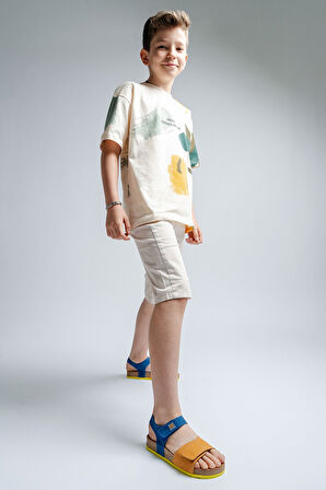 mnpc Unisex Çocuk Sarı-Saks Hakiki Deri Mantar Tabanlı Günlük  Çocuk Sandalet