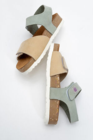 mnpc Unisex Çocuk Sarı-Su Yeşili Hakiki Deri Mantar Tabanlı Günlük  Çocuk Sandalet