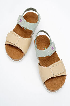 mnpc Unisex Çocuk Sarı-Su Yeşili Hakiki Deri Mantar Tabanlı Günlük  Çocuk Sandalet