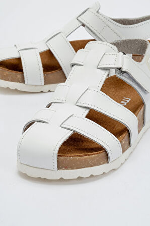 mnpc Unisex Çocuk Beyaz Hakiki Deri Mantar Tabanlı Günlük Çocuk Sandalet