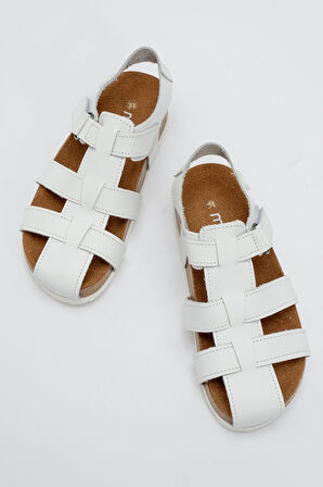 mnpc Unisex Çocuk Beyaz Hakiki Deri Mantar Tabanlı Günlük Çocuk Sandalet