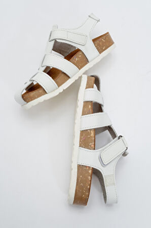 mnpc Unisex Çocuk Beyaz Hakiki Deri Mantar Tabanlı Günlük Çocuk Sandalet