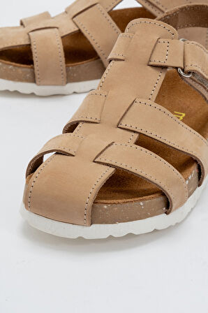 mnpc Unisex Çocuk Bej Hakiki Deri Mantar Tabanlı Günlük Çocuk Sandalet