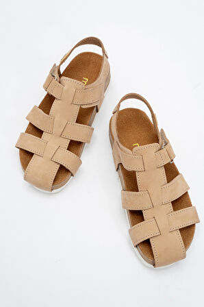 mnpc Unisex Çocuk Bej Hakiki Deri Mantar Tabanlı Günlük Çocuk Sandalet