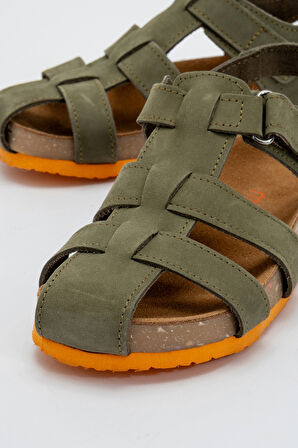 mnpc Unisex Çocuk Haki Hakiki Deri Mantar Tabanlı Günlük Çocuk Sandalet