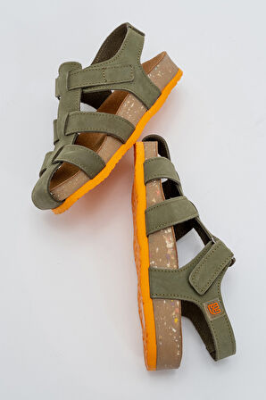 mnpc Unisex Çocuk Haki Hakiki Deri Mantar Tabanlı Günlük Çocuk Sandalet