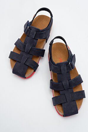mnpc Unisex Çocuk Lacivert Hakiki Deri Mantar Tabanlı Günlük Çocuk Sandalet