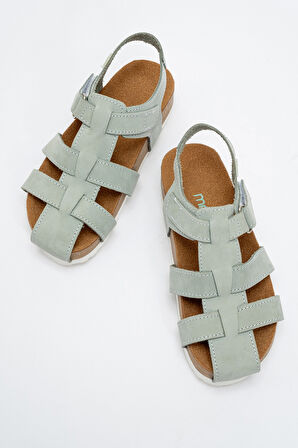 mnpc Unisex Çocuk Su Yeşili Hakiki Deri Mantar Tabanlı Günlük Çocuk Sandalet