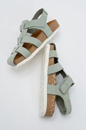 mnpc Unisex Çocuk Su Yeşili Hakiki Deri Mantar Tabanlı Günlük Çocuk Sandalet