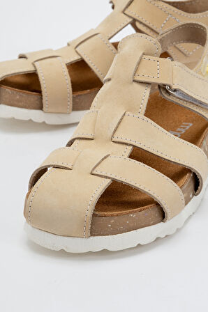 mnpc Unisex Çocuk Açık Sarı Hakiki Deri Mantar Tabanlı Günlük Çocuk Sandalet