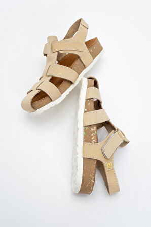 mnpc Unisex Çocuk Açık Sarı Hakiki Deri Mantar Tabanlı Günlük Çocuk Sandalet