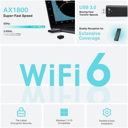 WiFi Stick 6 güçlü AX1800Mbps, Archer TX20U, WLAN USB adaptörü, WLAN dongle, USB 3.0 Dual-Band, 2.4G/5GHz, MU-MIMO, WPA3, Windows 11/10 ile uyumlu
