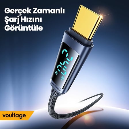 240W Type-C to Type-C Dijital Ekranlı Hızlı Şarj Kablosu 1m, Örgülü Akıllı Göstergeli PD 3.1 480Mbps Data ve Veri Transfer Kablosu, MacBook, iPhone 15/16, Android ile Uyumlu - Siyah