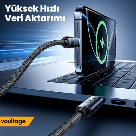 240W Type-C to Type-C Dijital Ekranlı Hızlı Şarj Kablosu 1m, Örgülü Akıllı Göstergeli PD 3.1 480Mbps Data ve Veri Transfer Kablosu, MacBook, iPhone 15/16, Android ile Uyumlu - Siyah