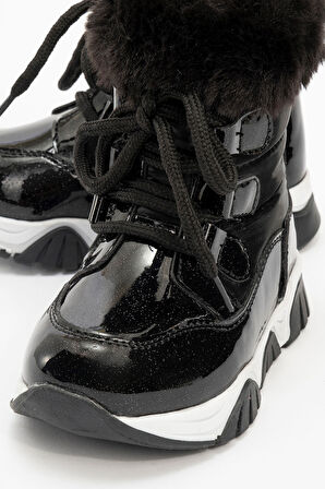 mnpc Kız Çocuk Siyah Simli Rugan Deri Suya Dayanıklı Kürklü Günlük Bot