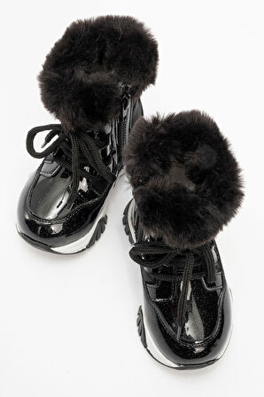 mnpc Kız Çocuk Siyah Simli Rugan Deri Suya Dayanıklı Kürklü Günlük Bot