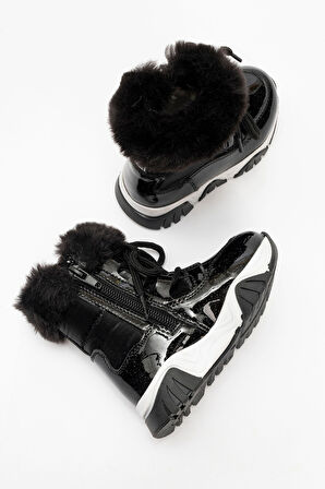 mnpc Kız Çocuk Siyah Simli Rugan Deri Suya Dayanıklı Kürklü Günlük Bot