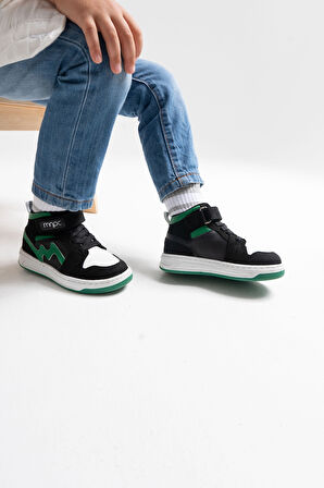 mnpc Unisex Çocuk Siyah-Yeşil Hakiki Deri Anatomik Günlük Bot