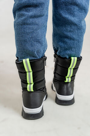 mnpc Erkek Çocuk Siyah Suni Deri Suya Dayanıklı Kürklü  Kar Botu