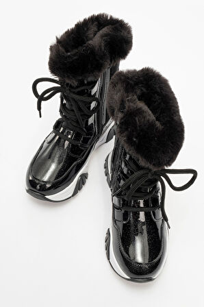 mnpc Kız Çocuk Siyah Simli Rugan Deri Suya Dayanıklı Günlük Bot