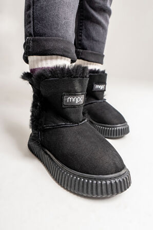 mnpc Kız Çocuk Siyah Hakiki Deri Hakiki Kürklü Suya Dayanıklı Bot