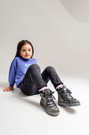 mnpc Kız Çocuk Siyah Simli Hakiki Deri Suya Dayanıklı Günlük Bot